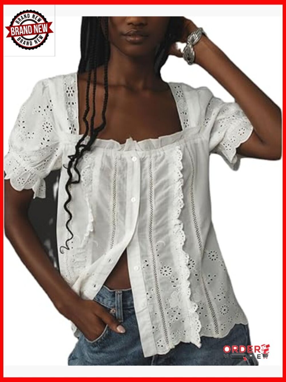 Y2K Square Neck Crop Top Puff Short Sleeve Ruffle Trim Button Up Blouse